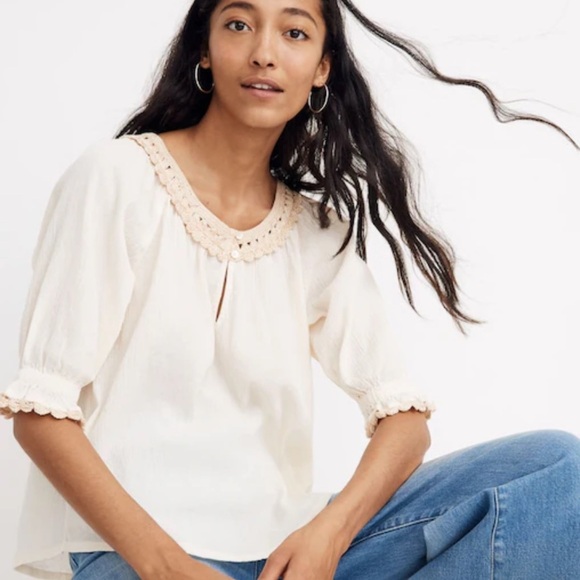 Madewell peasant blouse short sleeve crochet trim gauze cotton small - Picture 1 of 6
